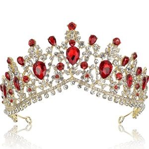 Crown Tiara Red & Gold Crystal for Woman Prom Quinceanera Brides Sweet Sixteen
